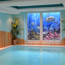 Street-Art 3D Illusion einer Unterwasserwelt mit Fischen und einer Schildkröte in einem Lichtschacht von einem Pool in Berlin Zehlendorf. Luxus auf einer Wand von Motiv-Wunsch.