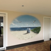 Eine Ostseelandschaft mit einem Strandkorb, sehr maritim. Ein Auftrag für Privatkunden aus Mahlow von dem Graffitikünstler Mario Winkler.